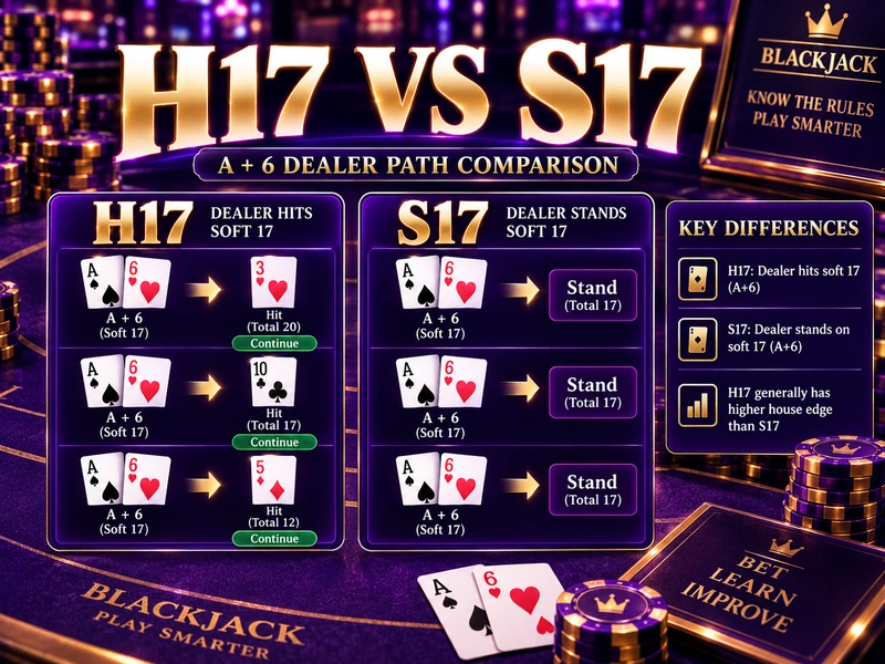 Blackjack A加6 Dealer H17與S17行動路徑比較