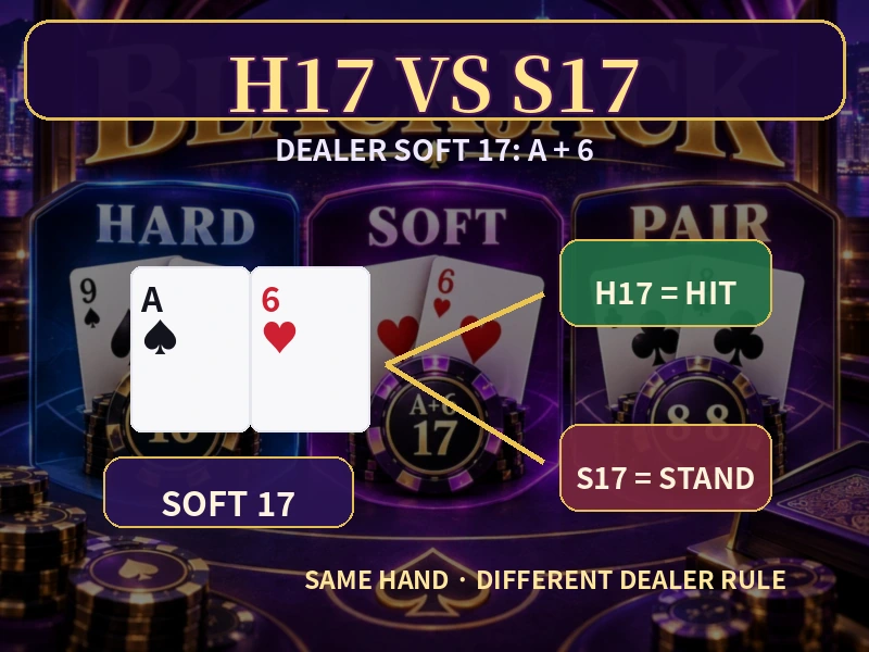 Blackjack H17 與 S17 Dealer Soft 17 A加6規則比較