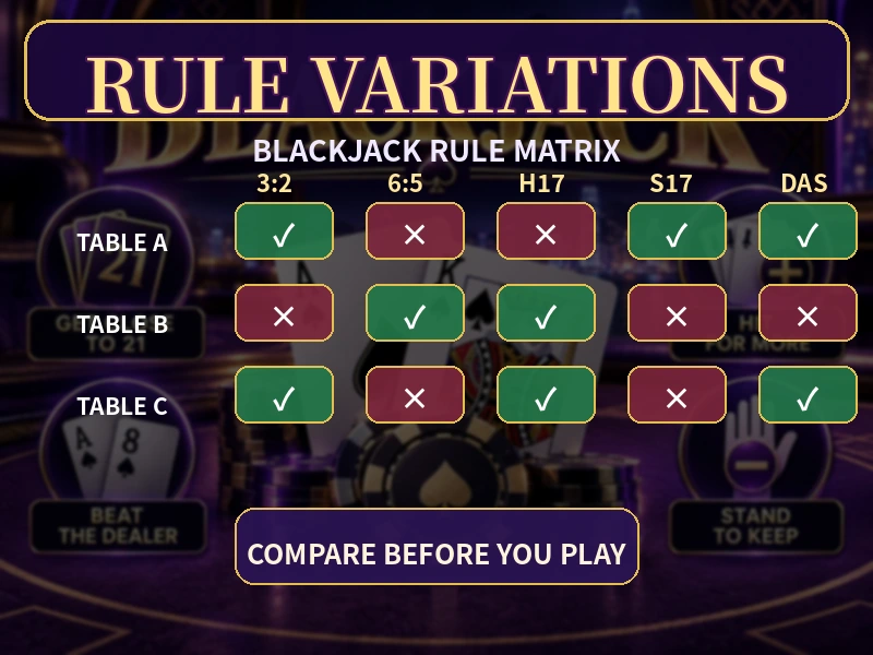 Blackjack 3比2 6比5 H17 S17 DAS Split Surrender Rule Matrix