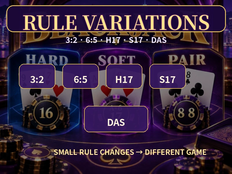 Blackjack 3比2 6比5 H17 S17 DAS桌規差異