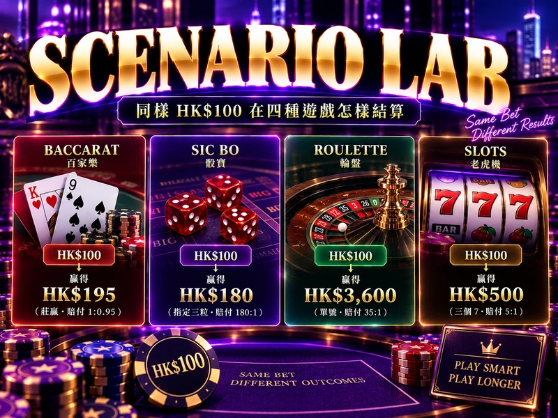 HK$100在Blackjack Roulette Baccarat Sic Bo四種遊戲的結算比較