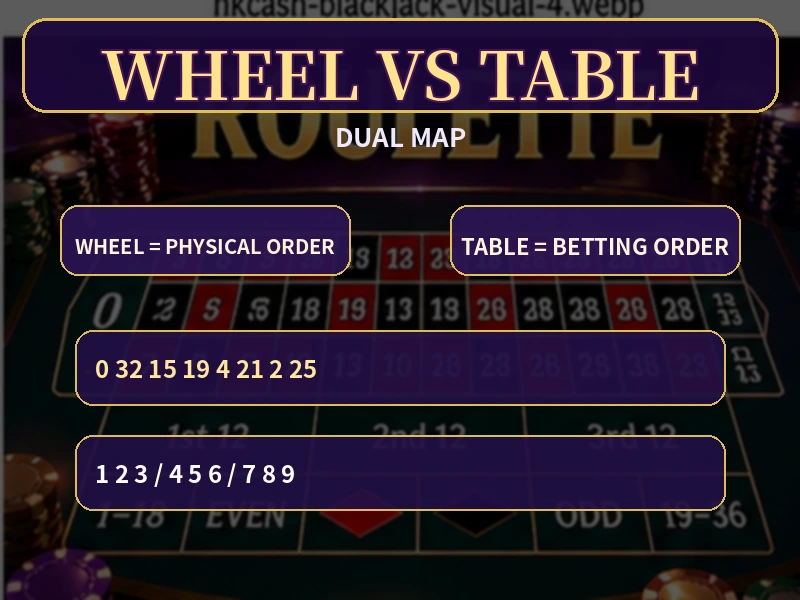 Roulette同一號碼在Wheel與Betting Table兩種排列的對照