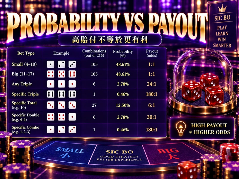 骰寶Sic Bo概率派彩大小總點單一號碼與圍骰比較