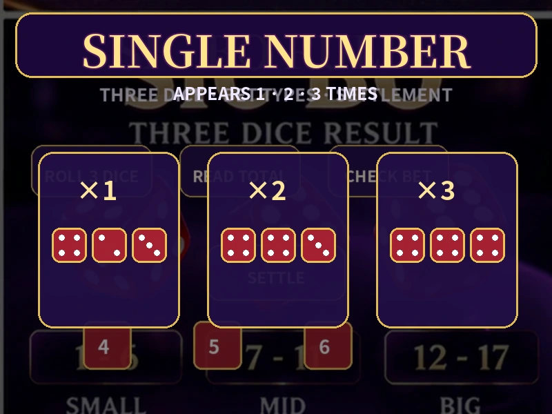 骰寶Single Number指定數字出現一次兩次三次的概率與派彩